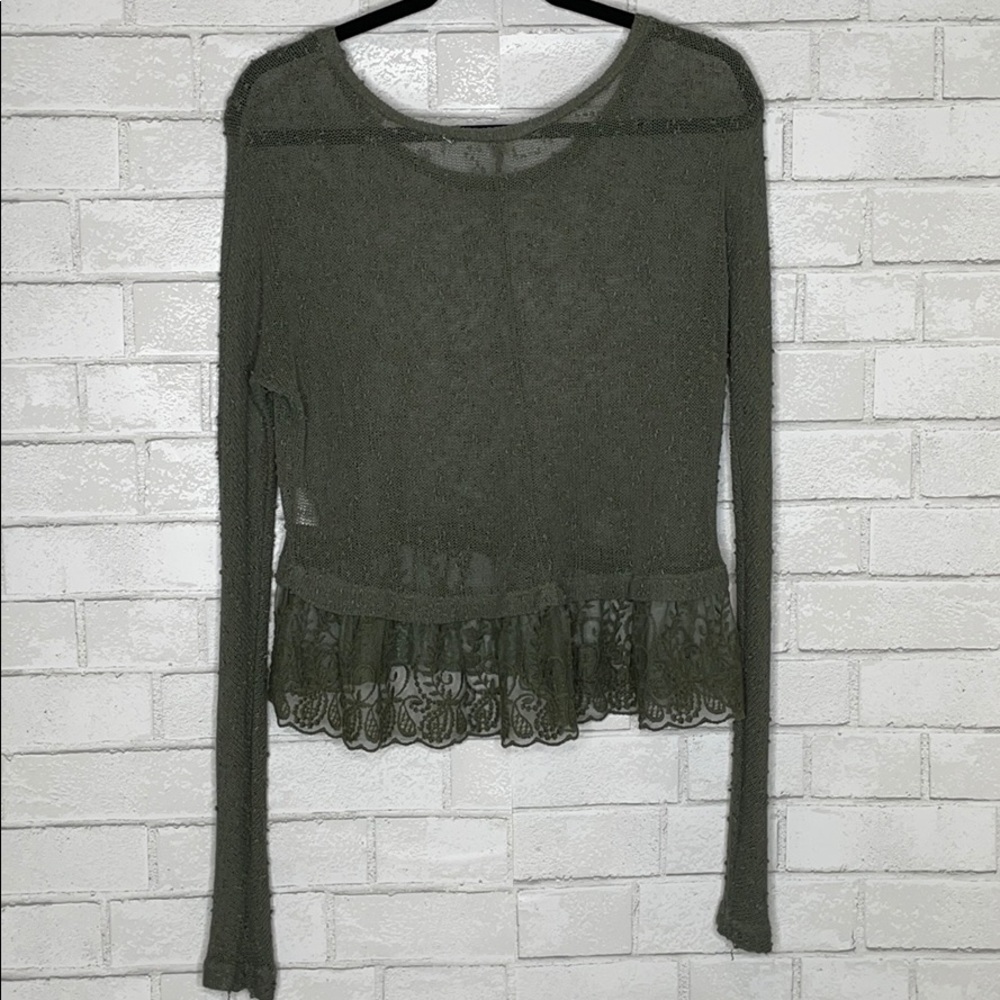 American Eagle Green Sheer Long Sleeve Lace Top - Picture 6 of 11